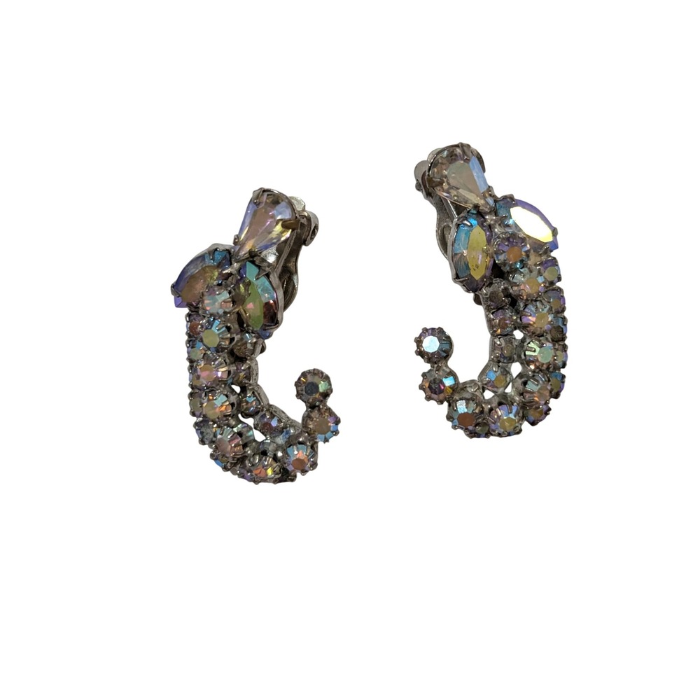 Vintage Weiss Aurora Borealis Rhinestone J Hoop Clip On Earrings Silver Tone